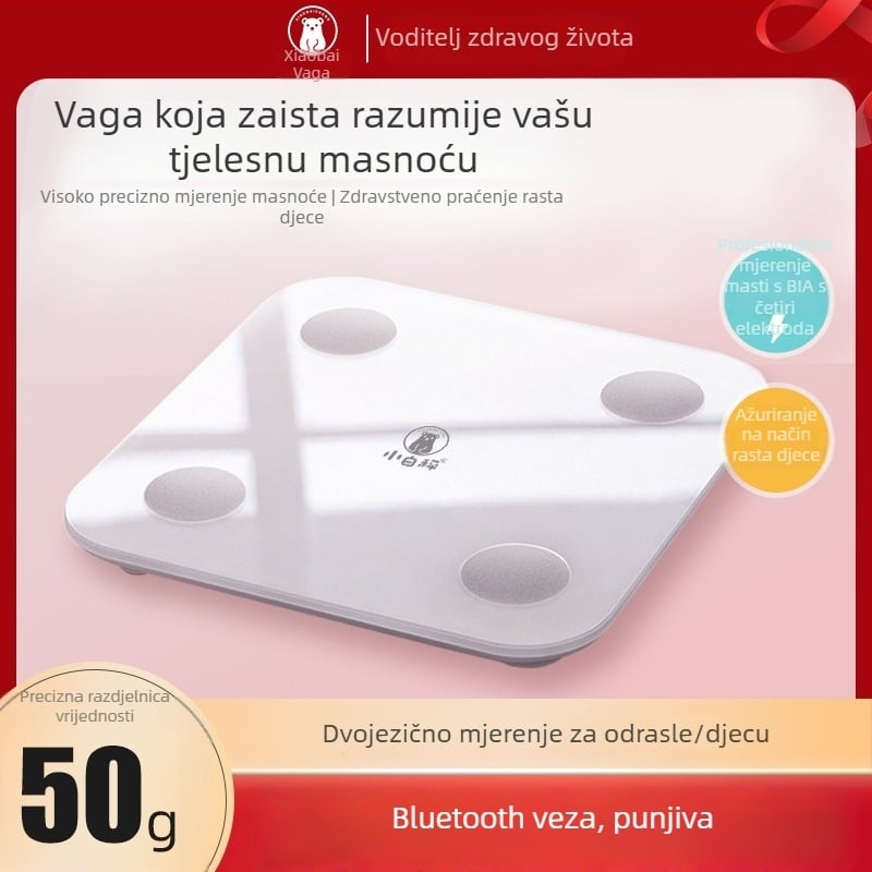 Inteligentne Bluetooth vage za tijelo: precizno mjerenje težine, masnoće, vlage i kalorije; punjiva litijska baterija; LED zaslon; kaljeno staklo + ABS; kapacitet do 180 kg