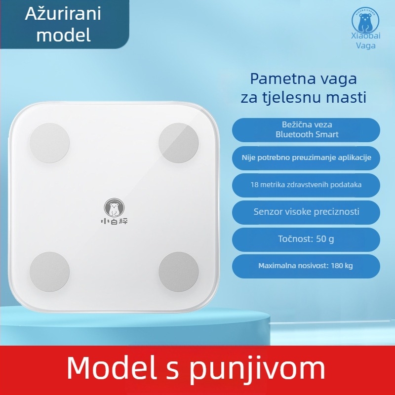 Inteligentne Bluetooth vage za tijelo: precizno mjerenje težine, masnoće, vlage i kalorije; punjiva litijska baterija; LED zaslon; kaljeno staklo + ABS; kapacitet do 180 kg