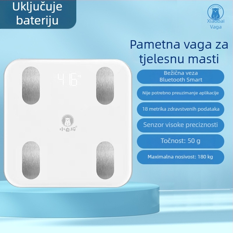 Inteligentne Bluetooth vage za tijelo: precizno mjerenje težine, masnoće, vlage i kalorije; punjiva litijska baterija; LED zaslon; kaljeno staklo + ABS; kapacitet do 180 kg