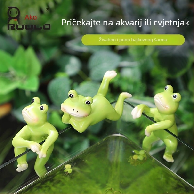 Žaba od smole za akvarij – mini krajolik, crtani stil, Roogo/if, ručni rad od smole
