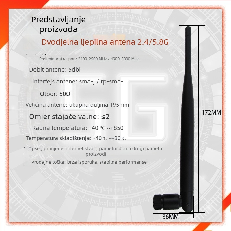 5 dB ljepilasta štapić antena, dvopojasna 2.4/5.8 GHz, sklopiva za GPRS/WiFi rutere