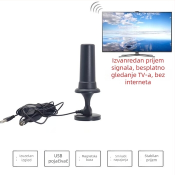 Unutarnja TV antena s dobitkom 42 dBi, raspon frekvencija 470–862 MHz, impedancija 75 Ω, VSWR ≤1,5