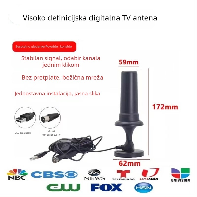 Unutarnja TV antena s dobitkom 42 dBi, raspon frekvencija 470–862 MHz, impedancija 75 Ω, VSWR ≤1,5