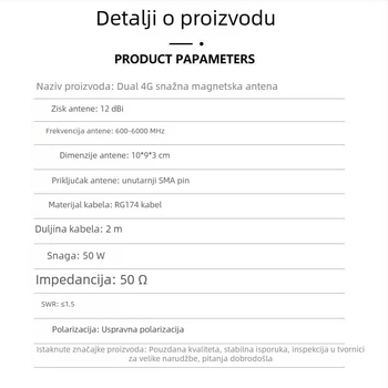 WiFi 6 antena za usmjerivač, dobitak 12 dBi, SMA konektor, dvostruka žična konstrukcija, SWR ≤ 1.5