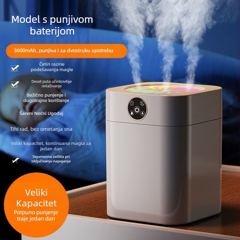 Ovlaživač zraka za spavaću sobu s tihim radom, 10 L spremnik, 3 mlaznice magle, aromaterapijska funkcija, zaštita pri isključivanju, napajanje suhim baterijama, nehrđajuće čelično kućište