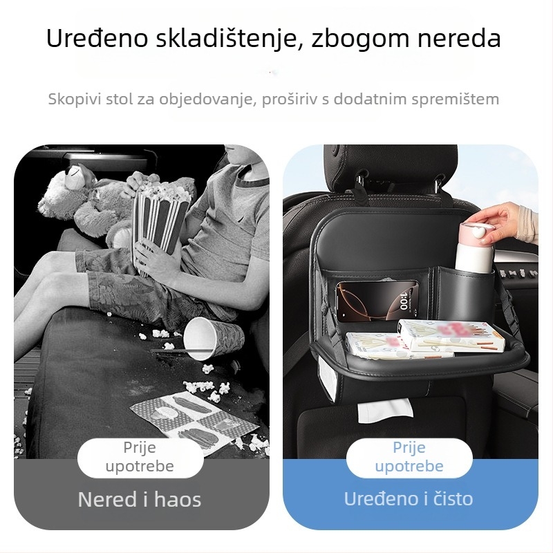 Torba za pohranu na stražnjem sjedalu s sklopnim malim stolom – kožna, vodootporna, kapacitet 2500 ml, prilagodljiva