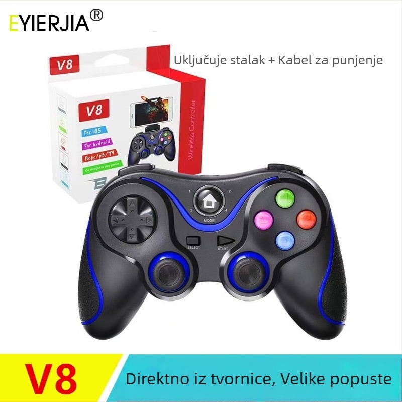 EYIERJIA V8 Igrački kontroler — Bluetooth bežični gamepad za mobitele, PC, tablet i pametni TV; ABS kućište, 300 g
