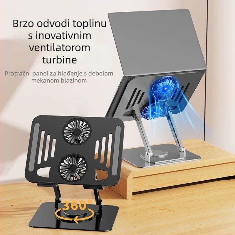 Stalak za laptop s 360° rotacijom, sklopiv, podesiva visina, karbonska čelika, 1395 g, dimenzije 24.2 × 19.5 × 6.5 cm