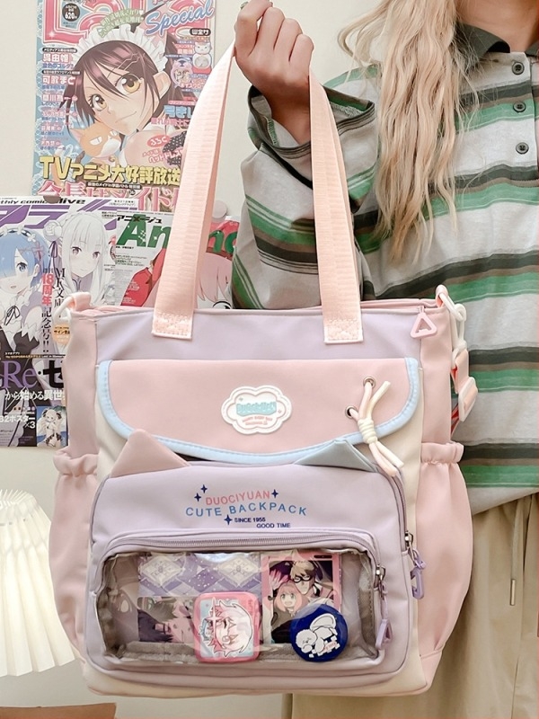 Ženska torba od najlona za učenike, dizajn color-block, velika kapaciteta za A4 dokumente, nošenje na rame ili crossbody, podstava poliester