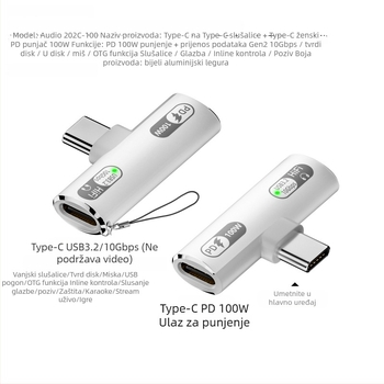 USB-C 2-u-1 adapter za slušalice: audio izlaz i punjenje 100W, kompatibilan s Apple uređajima (Model Audio 202c-100)