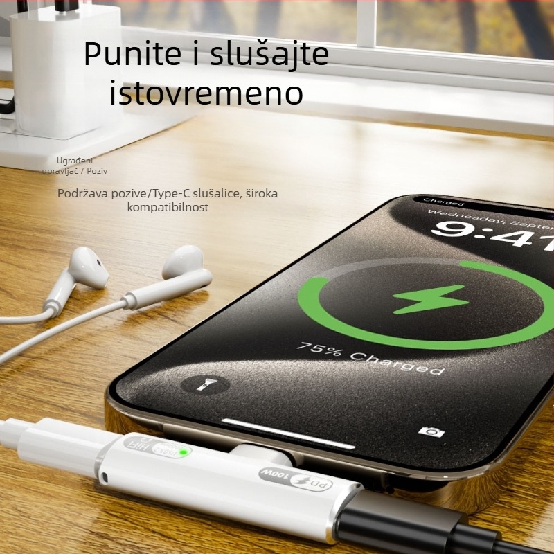 USB-C 2-u-1 adapter za slušalice: audio izlaz i punjenje 100W, kompatibilan s Apple uređajima (Model Audio 202c-100)