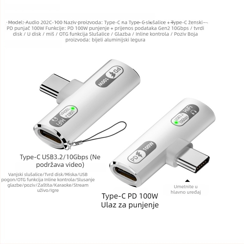 USB-C 2-u-1 adapter za slušalice: audio izlaz i punjenje 100W, kompatibilan s Apple uređajima (Model Audio 202c-100)