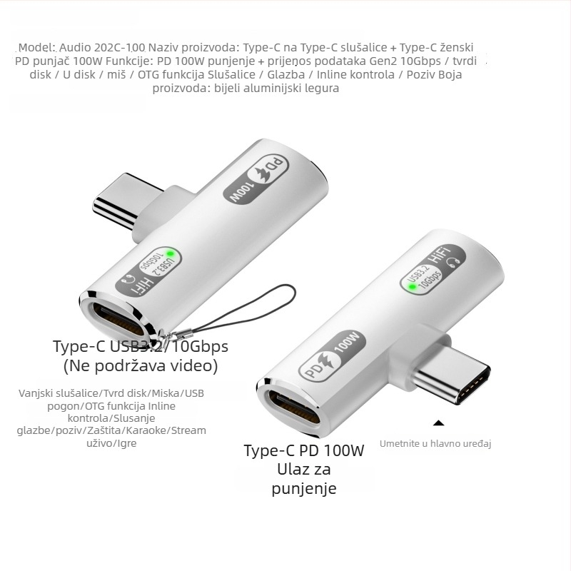 USB-C 2-u-1 adapter za slušalice: audio izlaz i punjenje 100W, kompatibilan s Apple uređajima (Model Audio 202c-100)