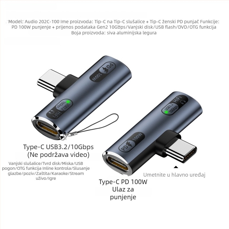 USB-C 2-u-1 adapter za slušalice: audio izlaz i punjenje 100W, kompatibilan s Apple uređajima (Model Audio 202c-100)