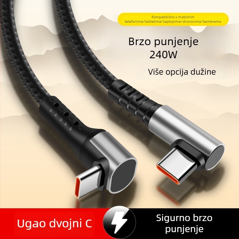240W pleteni USB-C kabel s dvostrukim kutnim konektorima, brzo punjenje, duljina 2–5 m