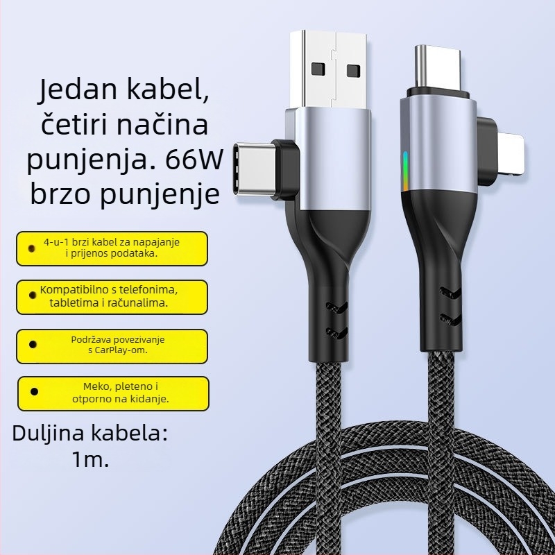 4-u-1 kabel za podatke PD100W brzo punjenje: HDMI, Lightning, Micro-USB i USB-C, pleteni kabel, maksimalno 100W