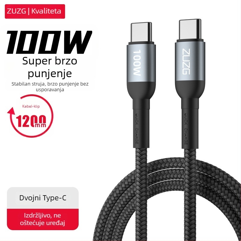 Quality pleteni kabel za podatke USB-C i Lightning, 100W brzo punjenje, tkanina