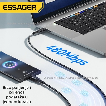 ESSAGER Jiajian serija PD100W Type-C kabel za prijenosno računalo, tablet i telefon – aluminijska legura, jedan kraj, PD brzo punjenje
