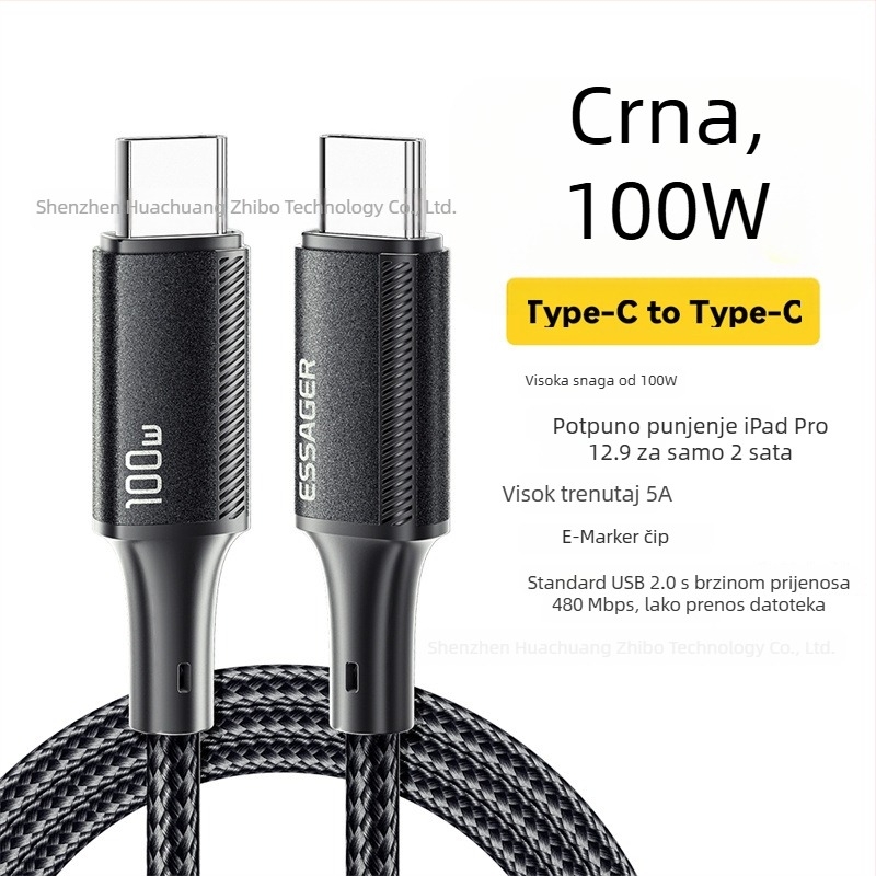 ESSAGER Jiajian serija PD100W Type-C kabel za prijenosno računalo, tablet i telefon – aluminijska legura, jedan kraj, PD brzo punjenje