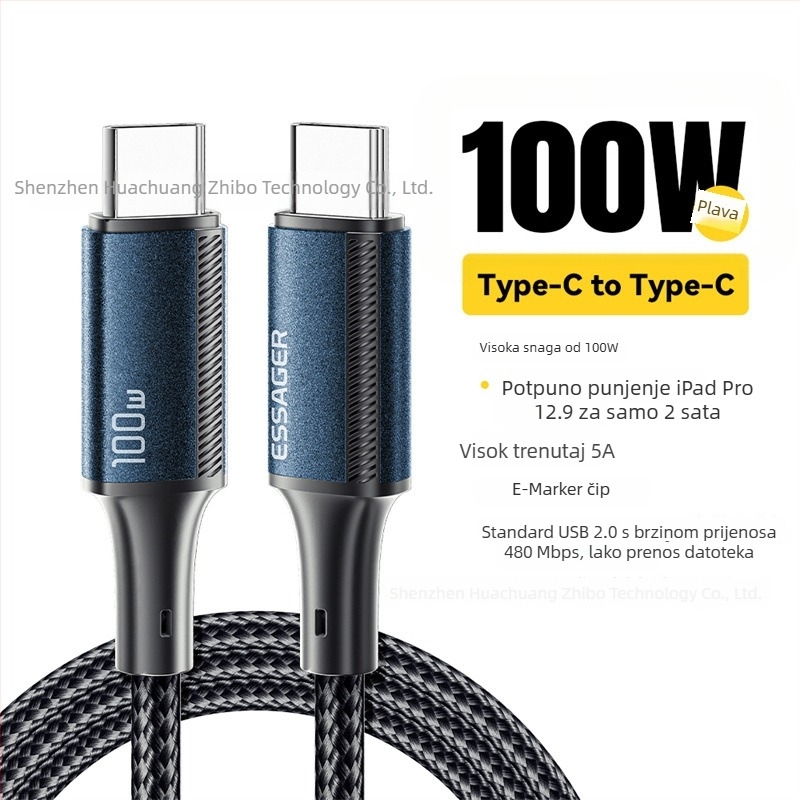 ESSAGER Jiajian serija PD100W Type-C kabel za prijenosno računalo, tablet i telefon – aluminijska legura, jedan kraj, PD brzo punjenje
