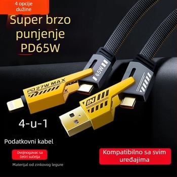 4-u-1 PD100W kabel za brzo punjenje i prijenos podataka s Type-C i Lightning, dvostruki izlaz, kućište od cinkovog legura, LED indikator
