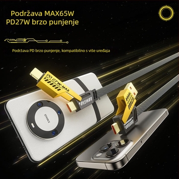 4-u-1 PD100W kabel za brzo punjenje i prijenos podataka s Type-C i Lightning, dvostruki izlaz, kućište od cinkovog legura, LED indikator