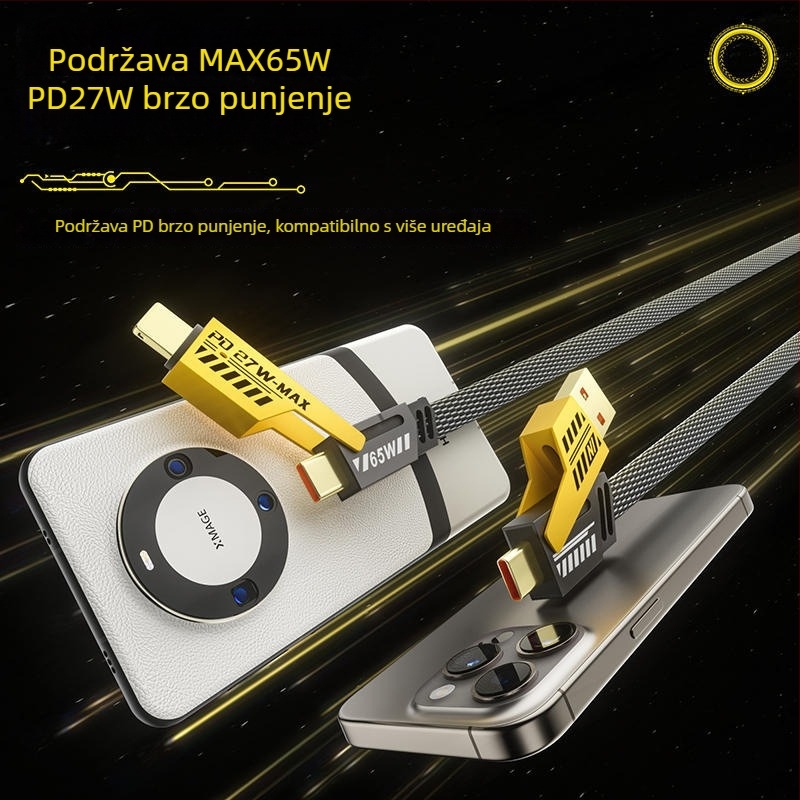 4-u-1 PD100W kabel za brzo punjenje i prijenos podataka s Type-C i Lightning, dvostruki izlaz, kućište od cinkovog legura, LED indikator