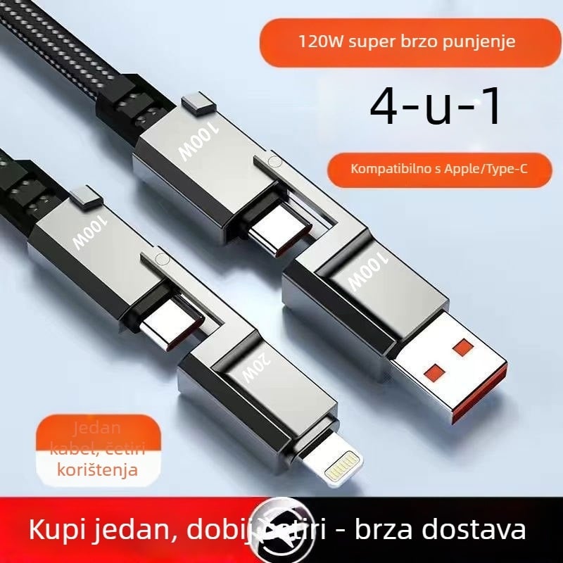 4-u-1 PD100W kabel za brzo punjenje i prijenos podataka s Type-C i Lightning, dvostruki izlaz, kućište od cinkovog legura, LED indikator
