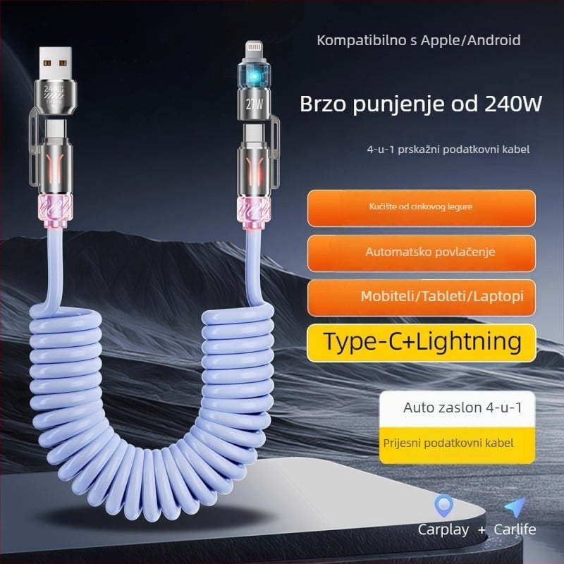 Collar craftsman 4-u-1 povlačni auto USB kabel s Lightning, Micro USB i Type-C – PD brzo punjenje, do 240W, duljina 1–2 m, PVC