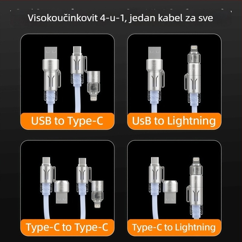 Collar craftsman 4-u-1 povlačni auto USB kabel s Lightning, Micro USB i Type-C – PD brzo punjenje, do 240W, duljina 1–2 m, PVC