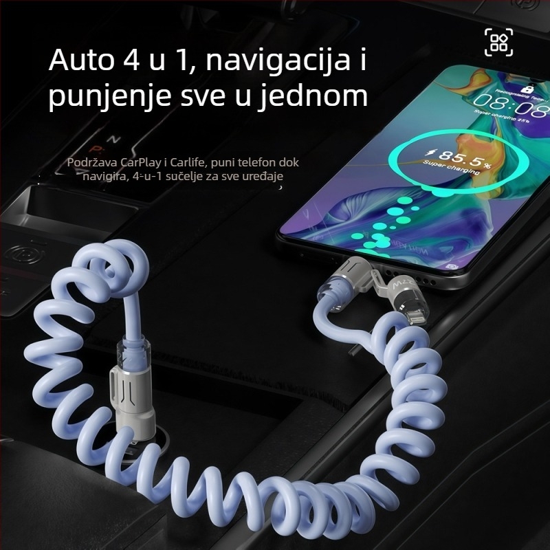 Collar craftsman 4-u-1 povlačni auto USB kabel s Lightning, Micro USB i Type-C – PD brzo punjenje, do 240W, duljina 1–2 m, PVC