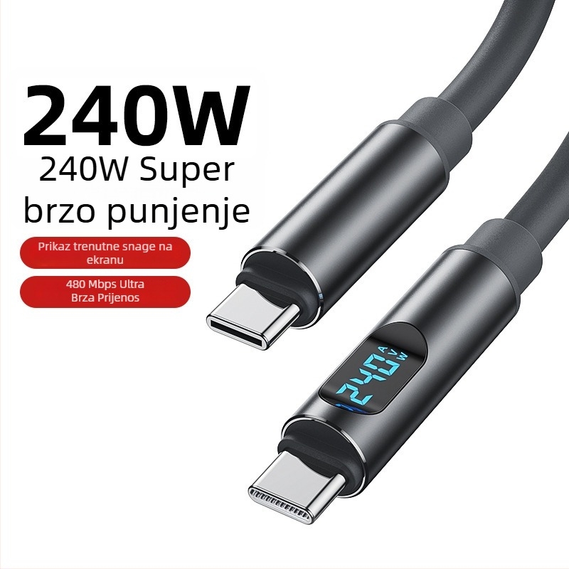 LXT Type-C 240W kabel za podatke s digitalnim zaslonom, brzo punjenje, silikon, PD kompatibilan