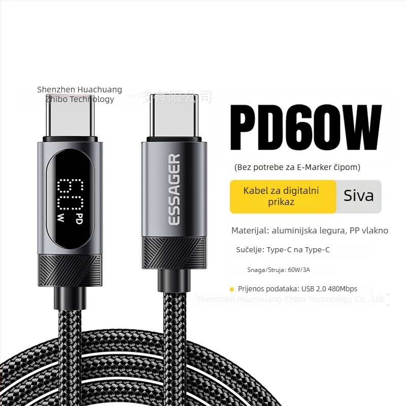 USB Type-C kabel za podatke s digitalnim zaslonom, PD brzo punjenje 60W/100W, aluminijska legura