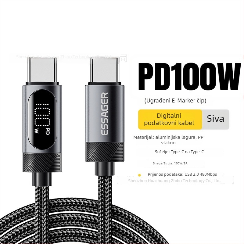 USB Type-C kabel za podatke s digitalnim zaslonom, PD brzo punjenje 60W/100W, aluminijska legura