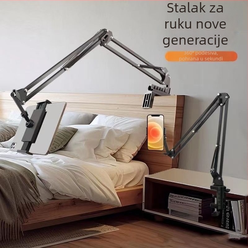 Držač za telefon/tablet s cantileverom uz krevet i noćni ormarić te stol, aluminijska legura, univerzalna kompatibilnost (podrška prilagodbi)