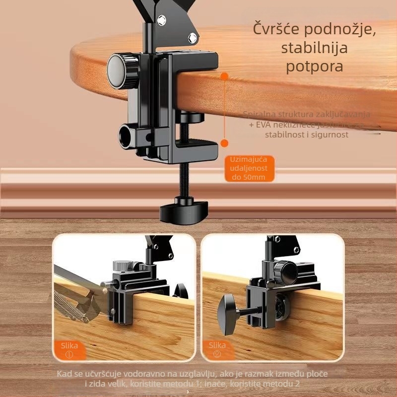 Držač za telefon/tablet s cantileverom uz krevet i noćni ormarić te stol, aluminijska legura, univerzalna kompatibilnost (podrška prilagodbi)