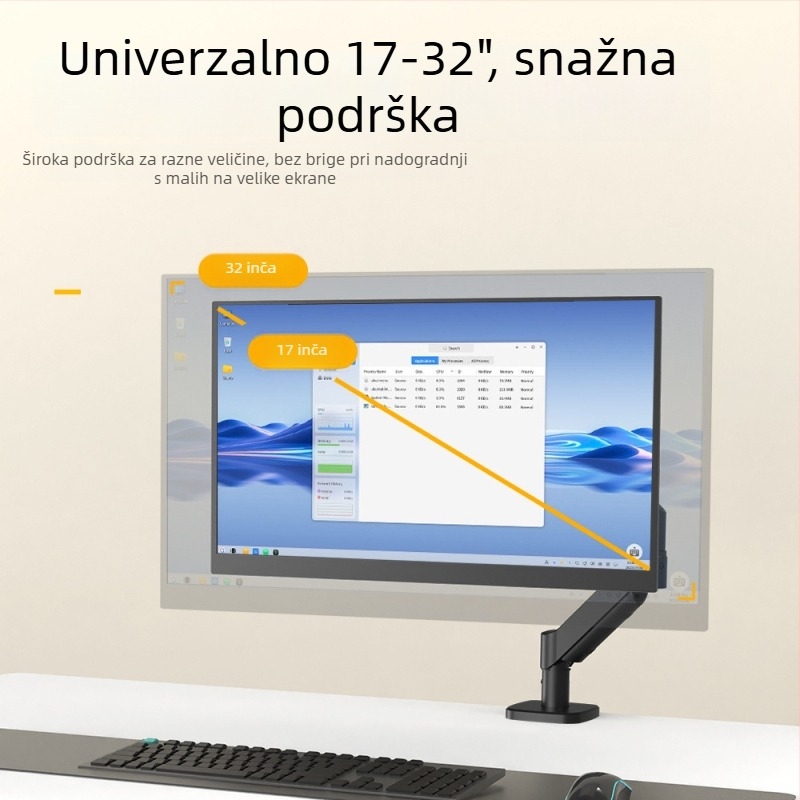 Stalak za monitor s plinskom oprugom i rotirajućim cantileverom za stolnu upotrebu; Materijal: aluminijska legura; Model: M252; Težina: 2,76 kg; Brend: Ke Hao