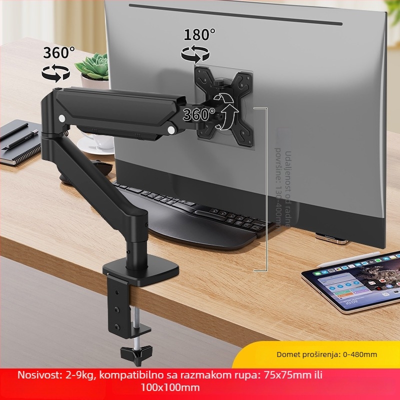 Stalak za monitor s plinskom oprugom i rotirajućim cantileverom za stolnu upotrebu; Materijal: aluminijska legura; Model: M252; Težina: 2,76 kg; Brend: Ke Hao
