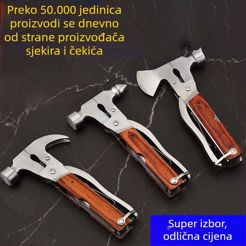 Višenamjenski vanjski alat za kampiranje – čekić s glavom od nehrđajućeg čelika i drškom od mahagonija, 0.4 kg