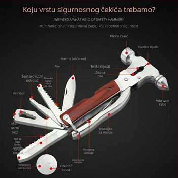 Automobilski sigurnosni čekić — višenamjenski hitni alat s lomiteljem prozora; Materijal: 420 čelik, Težina: 386 g