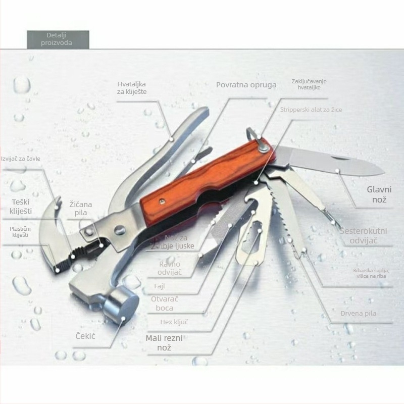 Automobilski sigurnosni čekić — višenamjenski hitni alat s lomiteljem prozora; Materijal: 420 čelik, Težina: 386 g