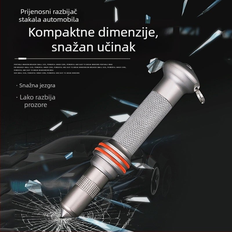 Prijenosni razbijač prozora automobila s wolfram čeličnom iglom za paljenje, višenamjenski sigurnosni čekić, kućište od avionskog aluminijskog legura, težina 67 g, mogućnost prilagodbe