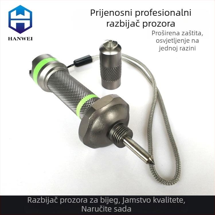 Metalni automobilni nužni razbijač prozora, višenamjensko spašavanje čekić s oštrim nožem, gumena podloga s noćnim vidom, aluminijska legura i volframsko čelik, 70 g