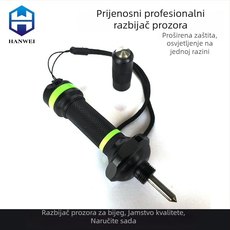 Metalni automobilni nužni razbijač prozora, višenamjensko spašavanje čekić s oštrim nožem, gumena podloga s noćnim vidom, aluminijska legura i volframsko čelik, 70 g