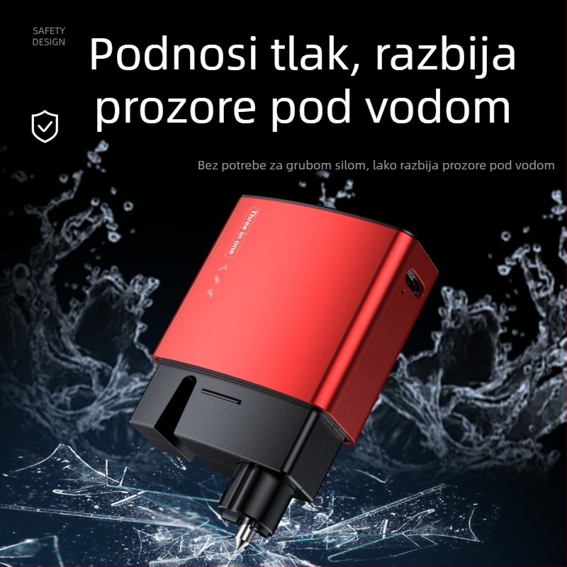 Automobilski hitni alat 3-u-1: razbijač prozora, svjetlo za hitne slučajeve i nož za rezanje; aluminijska legura + PC; težina 72 g