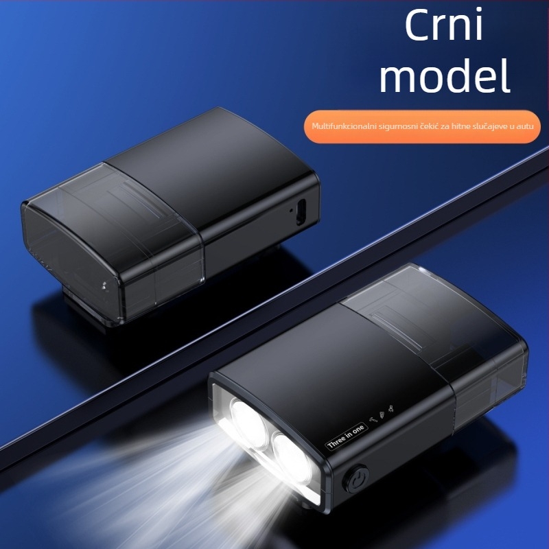 Automobilski hitni alat 3-u-1: razbijač prozora, svjetlo za hitne slučajeve i nož za rezanje; aluminijska legura + PC; težina 72 g