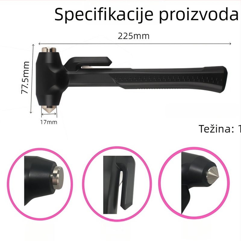 Automobilski čekić za nuždu: razbijanje stakla i rezanje pojasa, dvostruka glava – oštra i ravna