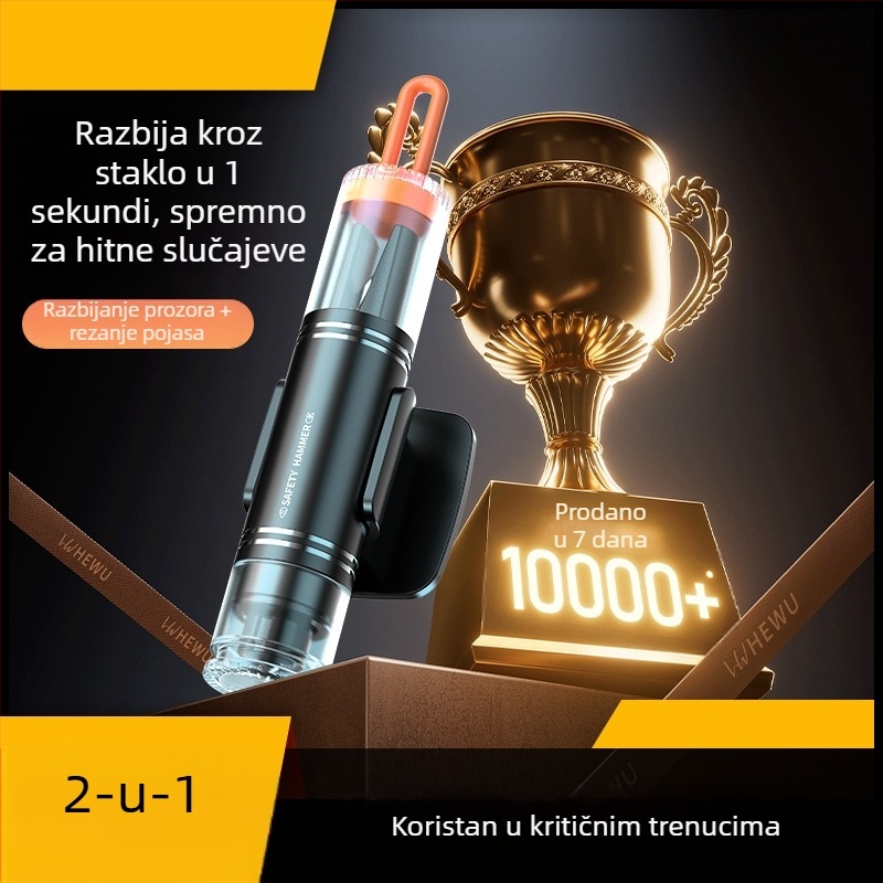 Automobilski sigurnosni čekić za razbijanje prozora, dvostruko funkcionalan kompaktni spašavajući alat, 88 g, visokougljična čelika + aluminijska legura