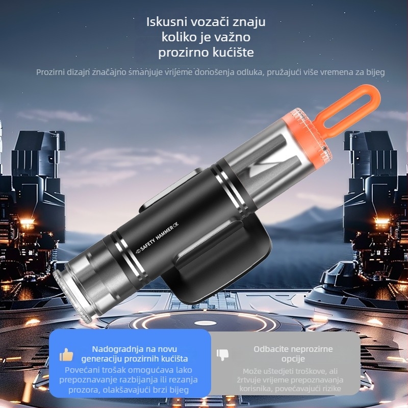 Automobilski sigurnosni čekić za razbijanje prozora, dvostruko funkcionalan kompaktni spašavajući alat, 88 g, visokougljična čelika + aluminijska legura
