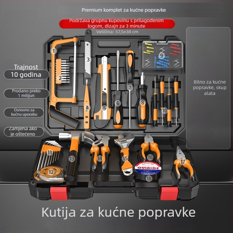 Junwei 82-djelni set alata za kućanstvo — ručni popravci, visoko ugljična čelika